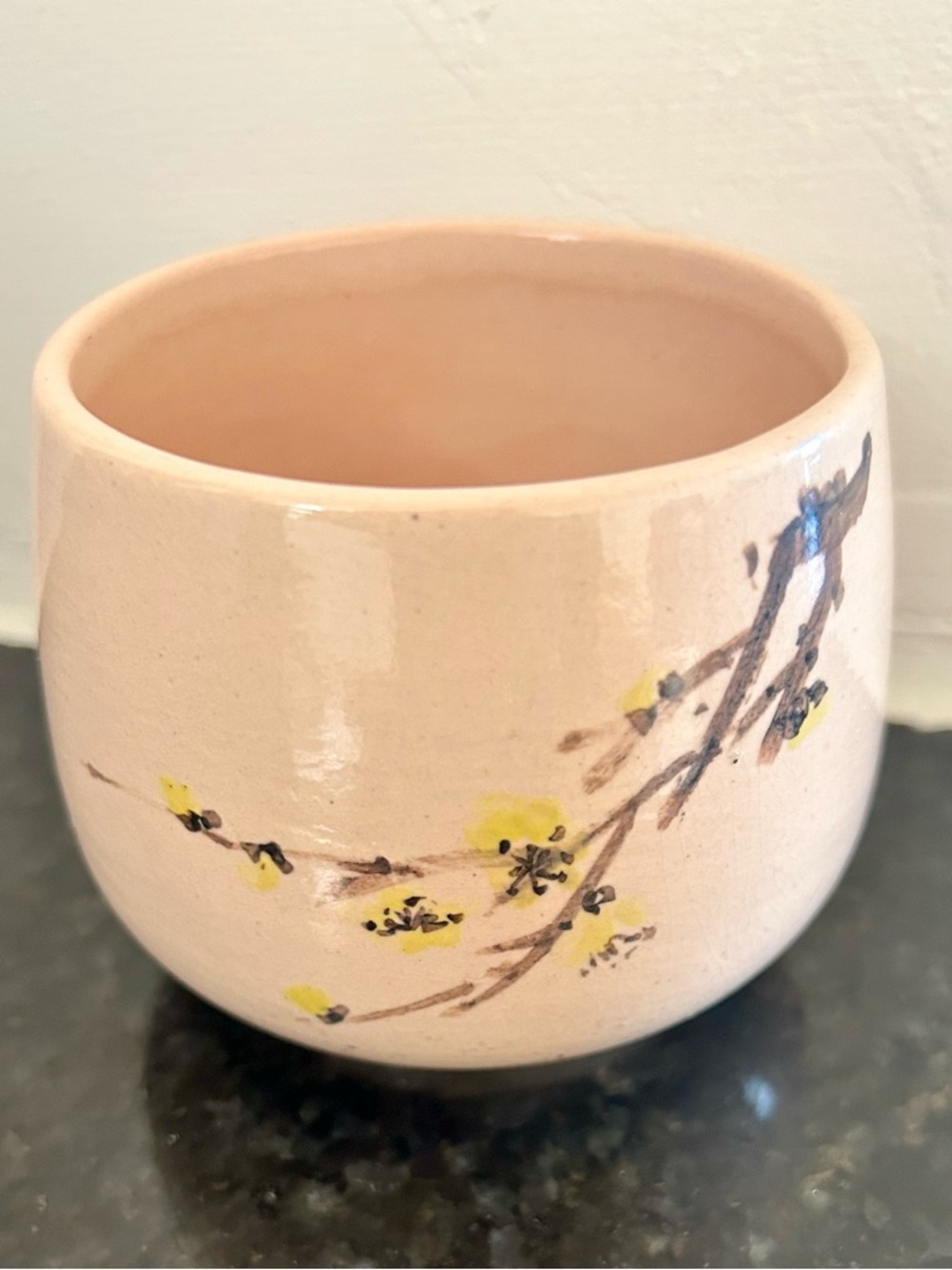 Japan Vintage Matcha Chawan Small Tea Bowl Cherry Blossom Calligraphy Stamped